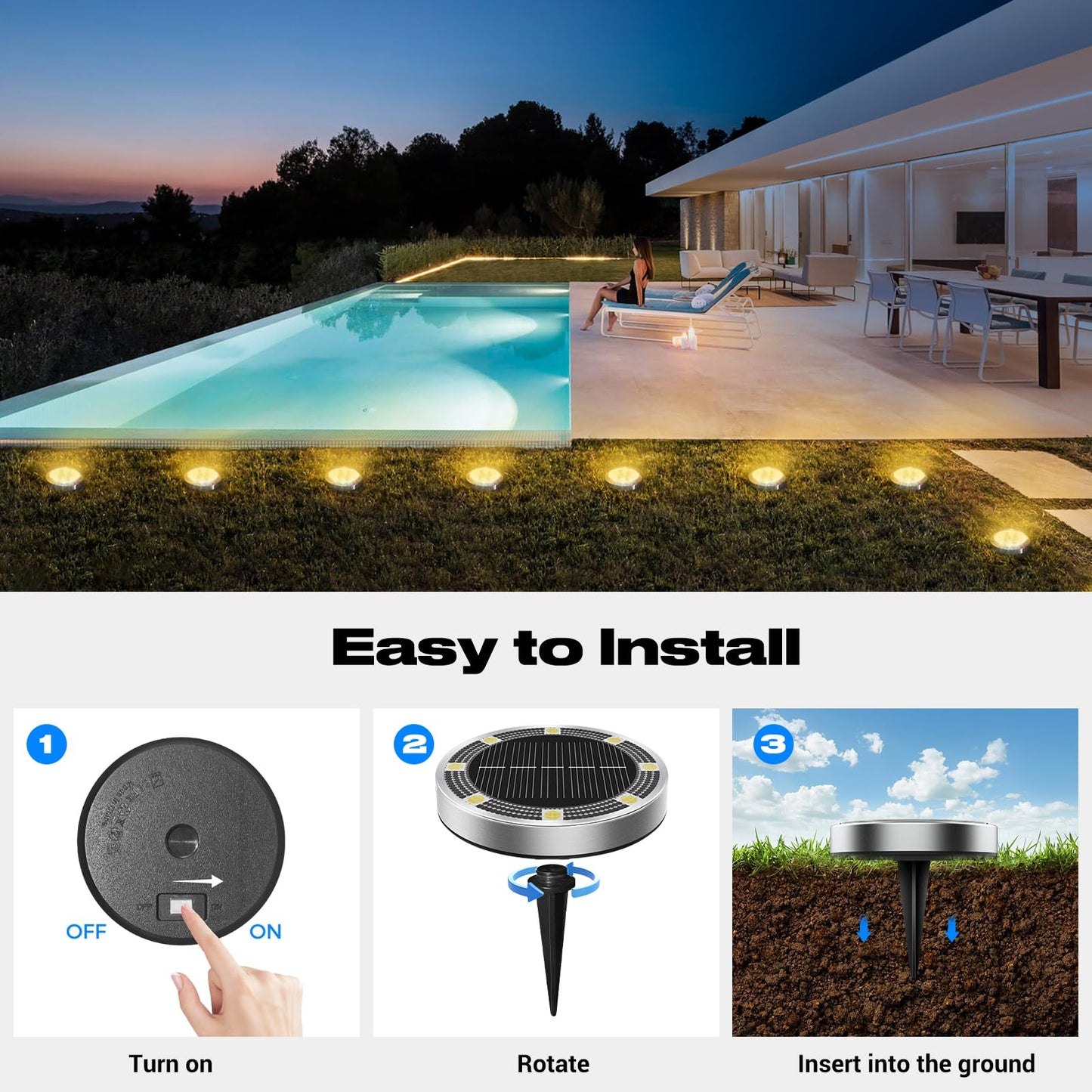 Peasur Solar Lights Outdoor Waterproof -12 Pack Solar Ground Lights Anti-Rust, Flat Solar Powered Disc Lights Landscape Lighting for Deck Step Patio Yard Pathway Walkway Driveway Garden, Warm White