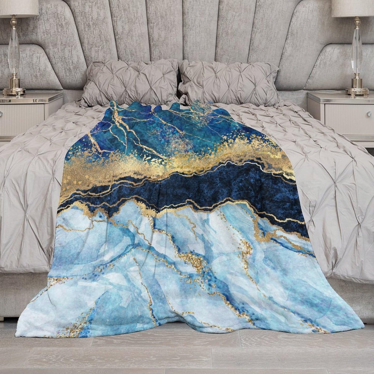 Marble Throw Blanket, Modern Abstract Foil Texture White Blue Gold Marble All Seasons Blanket for Bed Sofa, Super Soft Cozy Shaggy Blanket for Trave and Camping 40"x50"