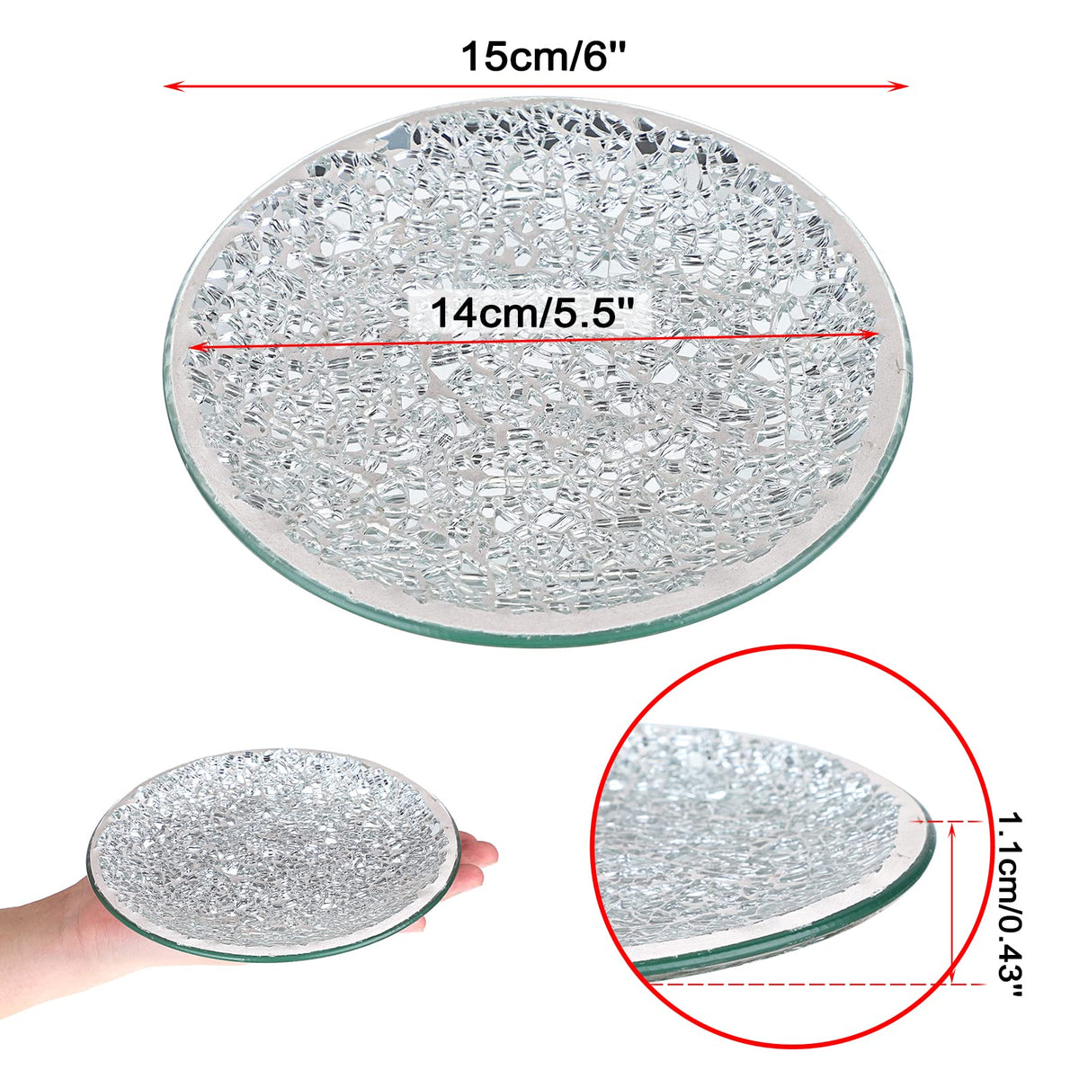 OwnMy 2PCS Mosaic Glass Pillar Candle Holder Plates and Trays, 6 Inch Glass Mosaic Candle Bases Coasters Decorative Pillar Candle Stands for Wedding Table Centerpiececs, Silver