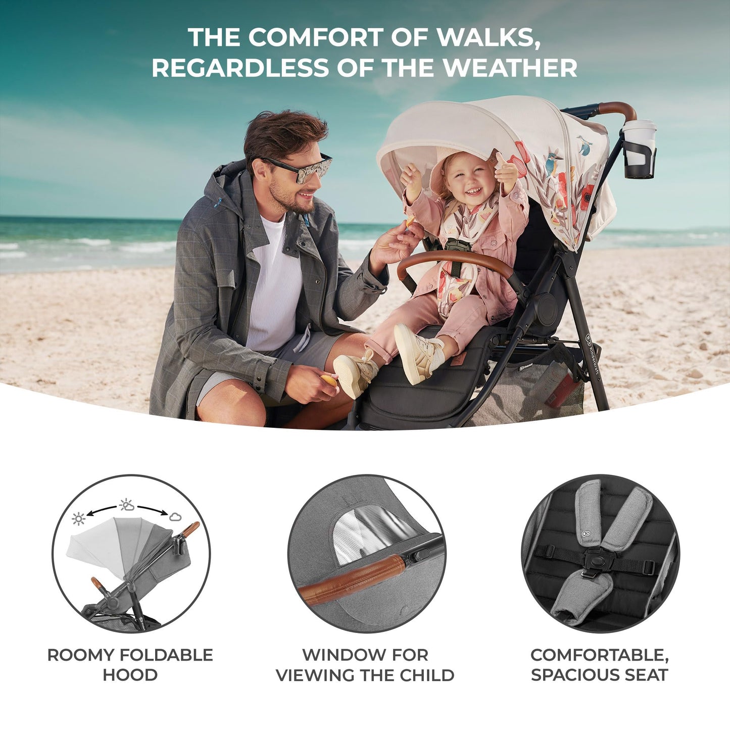 Kinderkraft GRANDE PLUS Stroller pushchair for toddlers from Birth to 22 kg, Extra-large hood, Lie-flat position, Folding with one hand, Shock absorption on all wheels, Gray