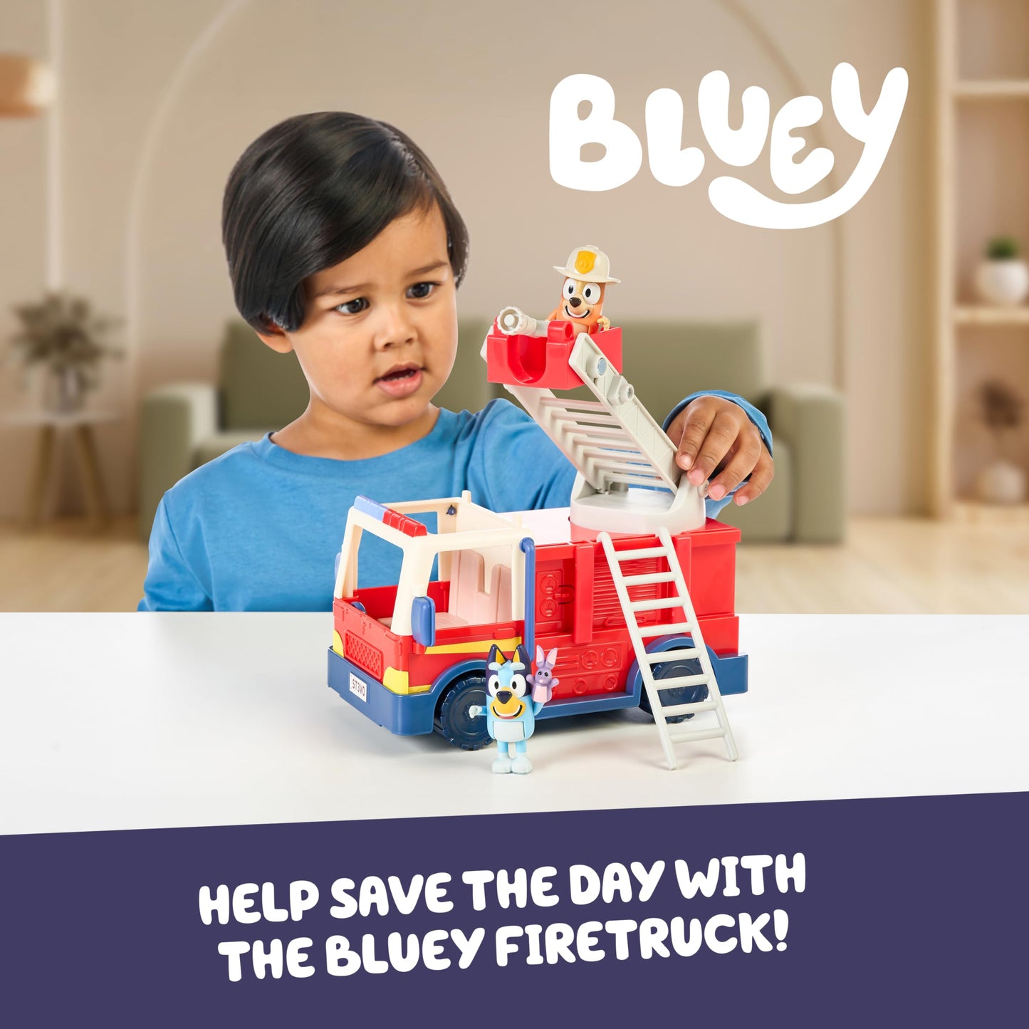 Bluey Firetruck, Firetruck, Exclusive Firefighter Bingo and Bob Bilby Figures Raise The Ladder, Spin It Around and Roll Out The Hose Includes Sticker Sheet