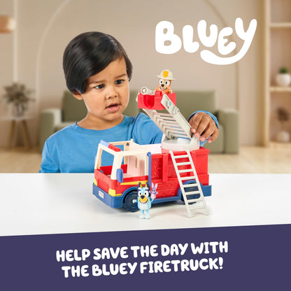 Bluey Firetruck, Firetruck, Exclusive Firefighter Bingo and Bob Bilby Figures Raise The Ladder, Spin It Around and Roll Out The Hose Includes Sticker Sheet