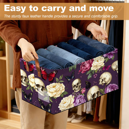 Oeaskly Storage Bins with Handles, Oxford Cloth Storage Basket with Sturdy Frame, Purple Flower Skeleton Collapsible Organizer for Closet, Shelf, Clothes, Towels, Home Storage