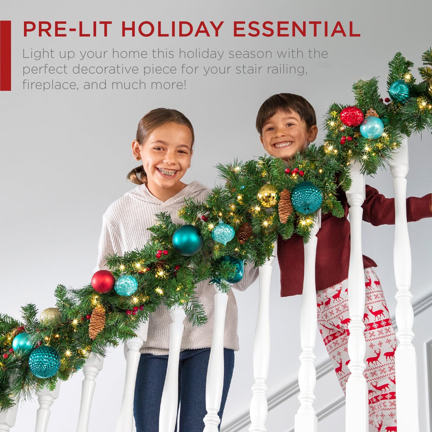 Best Choice Products 9ft Pre-Lit Holiday Pre-Decorated Christmas Garland for Stairs, Fireplace, Decoration w/PVC Tips, 50 Lights, Pine Cones, Berries - Unflocked