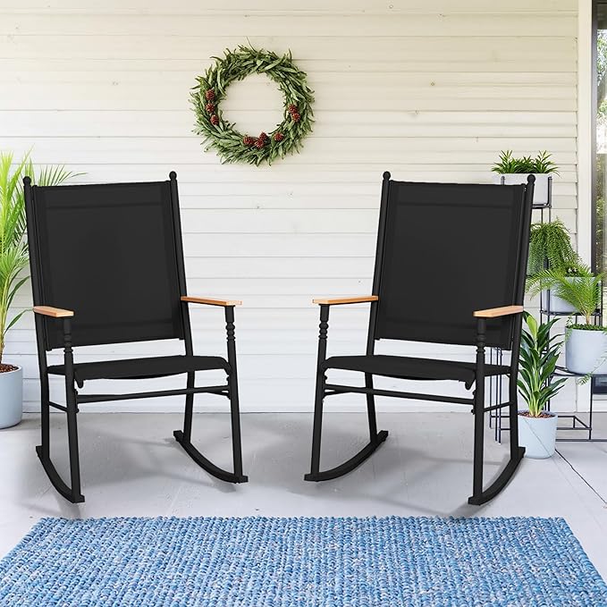 Shintenchi Outdoor Rocking Chairs Set of 2,Upgraded High Back Patio Rocking Chair Set,Breathable Textilene Fabric Outdoor Rocking Chair for Porch,Patio,Garden,Balcony,Black