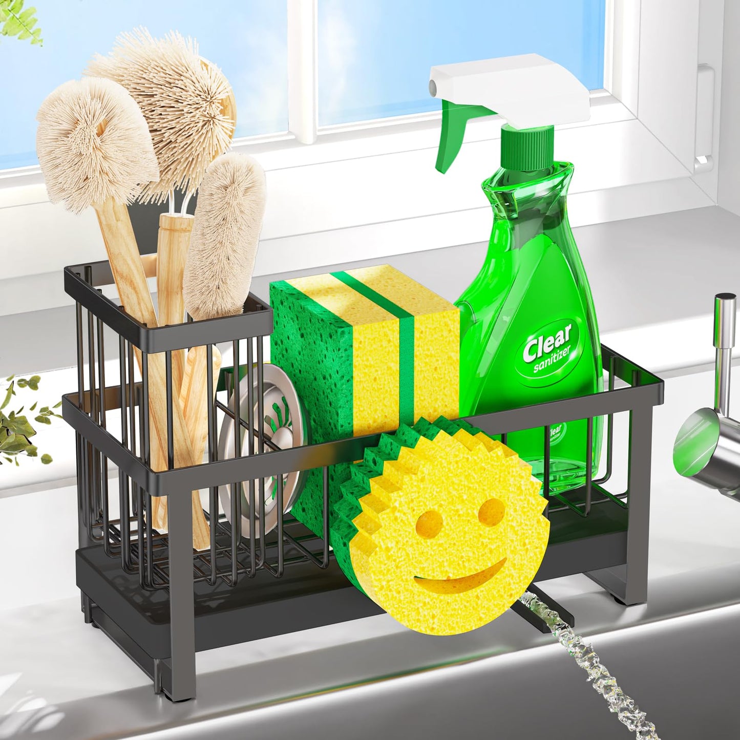 Taugast Sponge Holder for Kitchen Sink,Sink Caddy with Removable Dish Brush Holder,Self-Draining Kitchen Countertop Organizers and Storage Essentials,Soap Dispenser Organize and Home Decor-Black