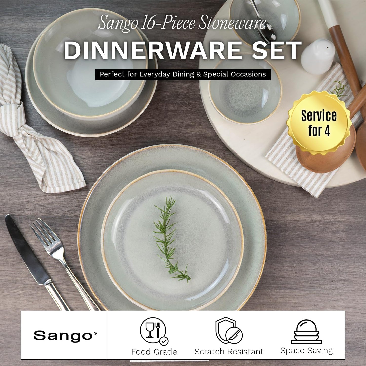 Sango 16-Piece Stoneware Dinnerware Set for 4, Glossy Cream/Green Big Dinner Plates and Bowls Sets with Reactive Glaze, Ceramic Dish Set, Modern Dishes, Microwave & Dishwasher Safe, Resona Moss