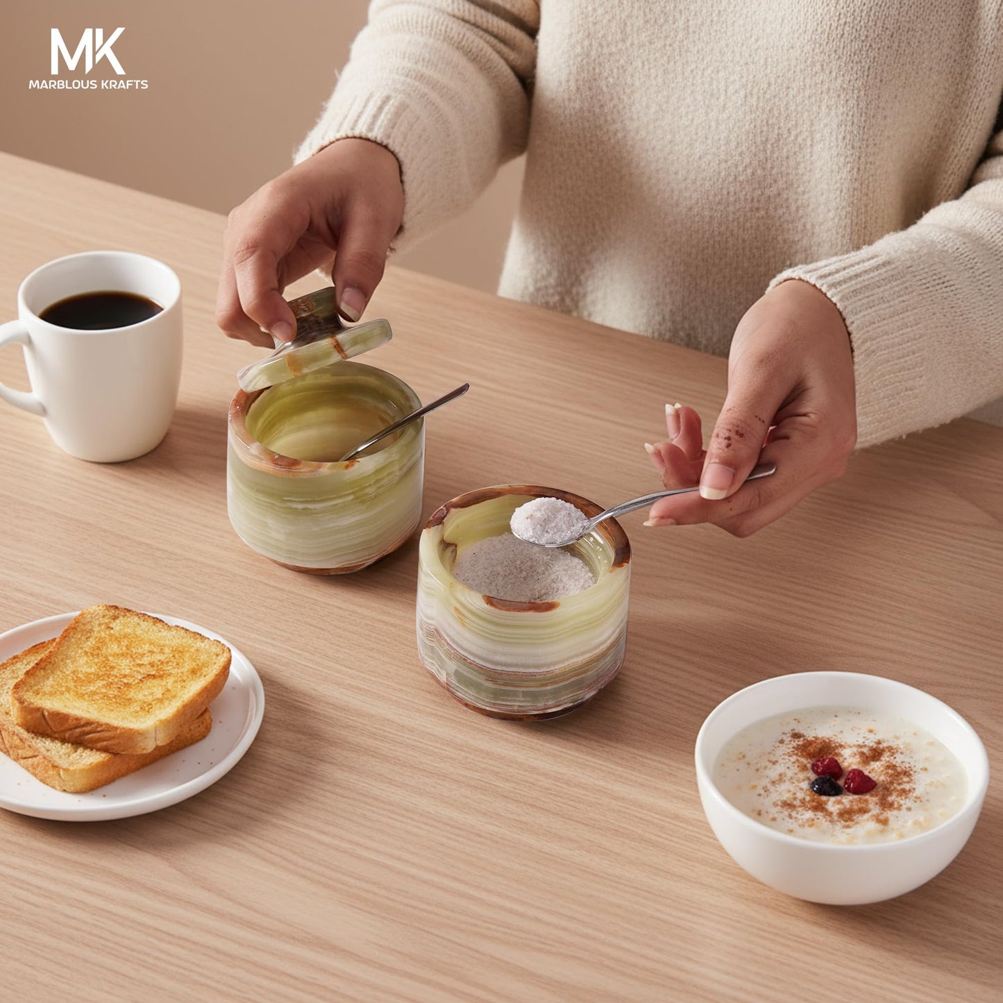 MARBLOUS KRAFTS Marble Salt Cellar with Lid and Spoon 3" Inch Green Stone Salt Dish for Kitchen Countertop Storage, Small Set of 2 Seasoning Containers, Spice Jars, Sugar Bowl