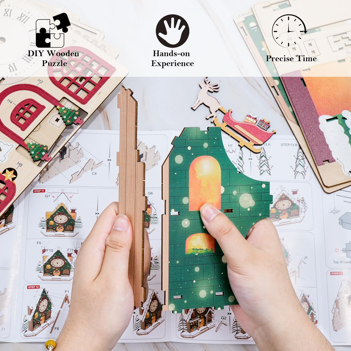 Cutywood 3D Puzzles for Adults Clock-Christmas Igloo Design Model Kit-Mechanical DIY Pendulum Clock with Roman Numerals-Desk Home Office Decor Personalized Gift for DIY Lovers