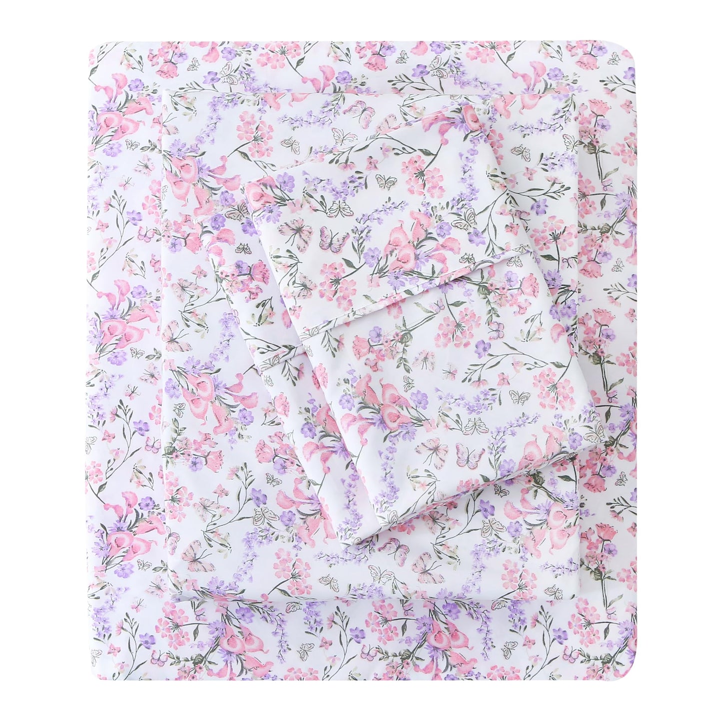 Mooreeke Cozy Vintage Microfiber Printed King Sheet Set - Soft Breathable Percale Cotton Floral Bed Sheets with Deep Pocket - Non-Slip Fitted Design - Pink Purple Flowers Pattern