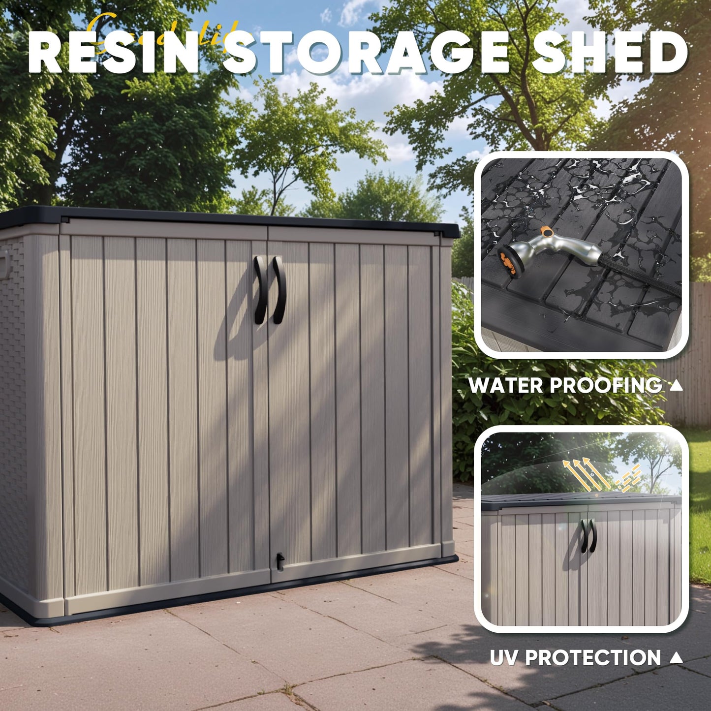 Devoko Outdoor Storage Cabinet 26 Cu Ft with Lockable Doors, Horizontal Storage Shed Waterproof Patio Tools Storage Box for Sofa Cushions, Gardening Tools and Accessories (Beige)