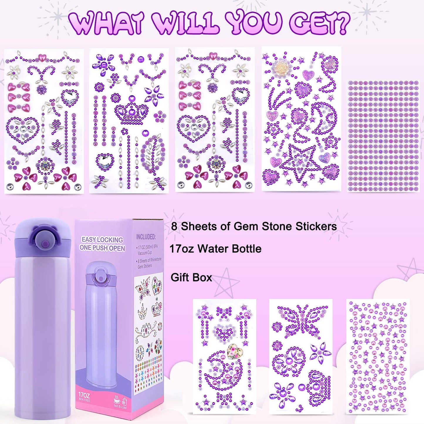 HULASO Christmas Gifts for Kids 7 Year Old Girls Decorate Your Own Water Bottles with Gem Stickers - DIY Birthday Gifts Arts and Crafts, BPA Free Stainless Steel Vacuum Insulated Mug (17 OZ)