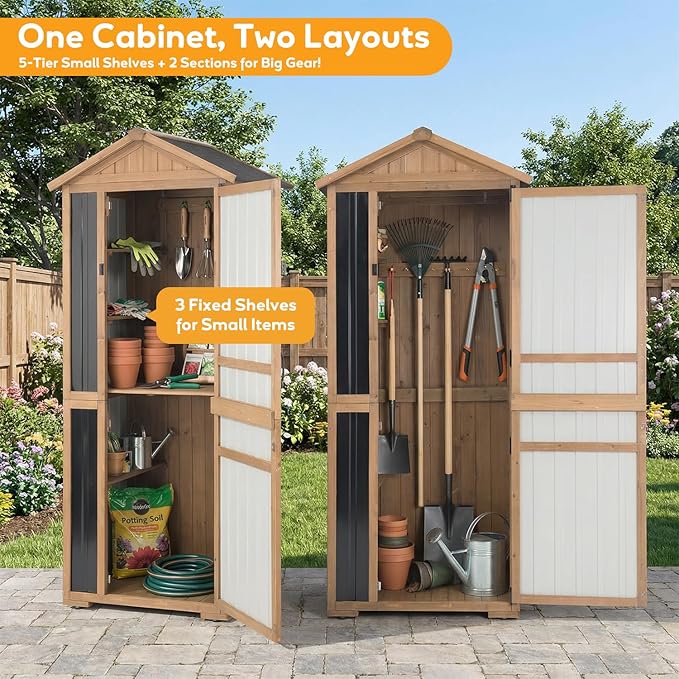 Outdoor Storage Cabinet, Wood & Metal Garden Shed with Waterproof Asphalt Roof, Patio Organizer with 3 Fixed Shelves & Removable Shelf for Long Tools, Lockable Magnetic Doors for Backyard Garage Pool