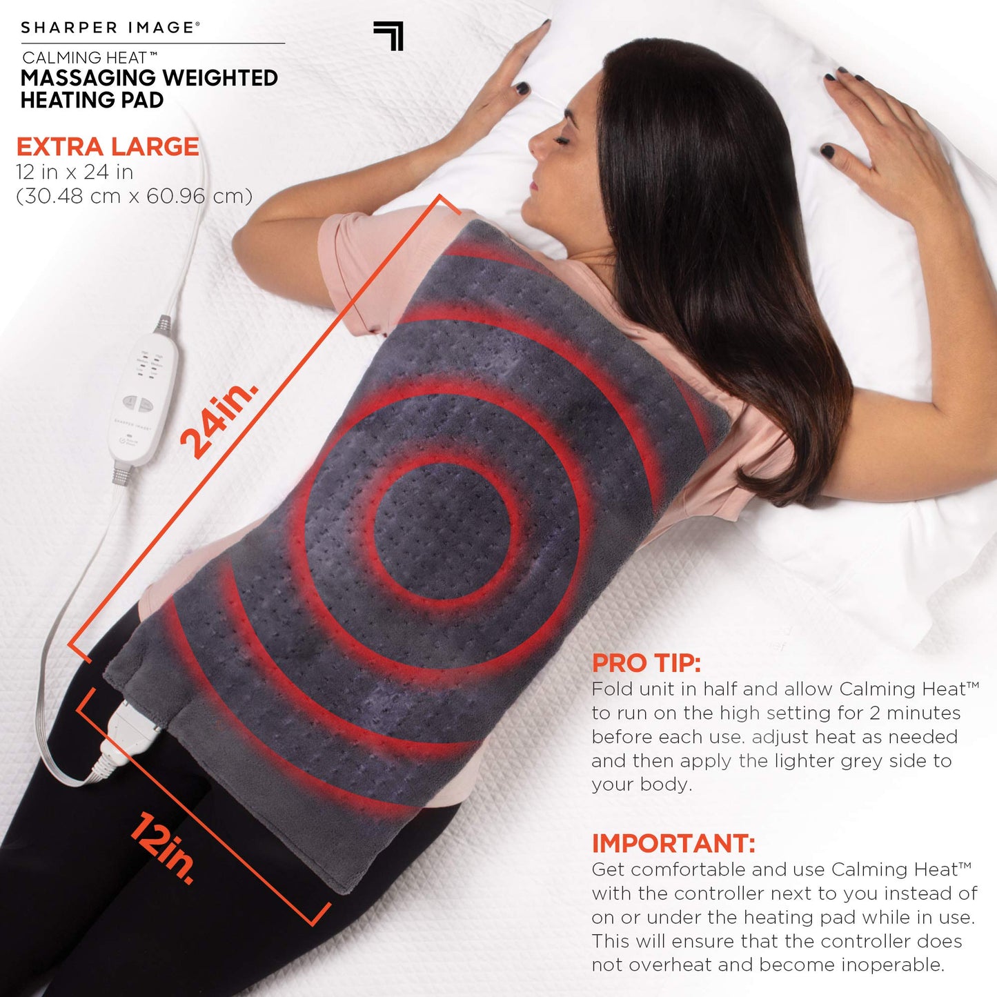 Calming Heat Massaging Weighted Heating Pad by Sharper Image- Electric Heating Pad with Massaging Vibrations, Auto-Off,12 Settings- 3 Heat, 9 Massage- 27 Relaxing Combinations, 12” x 24”, 4lbs