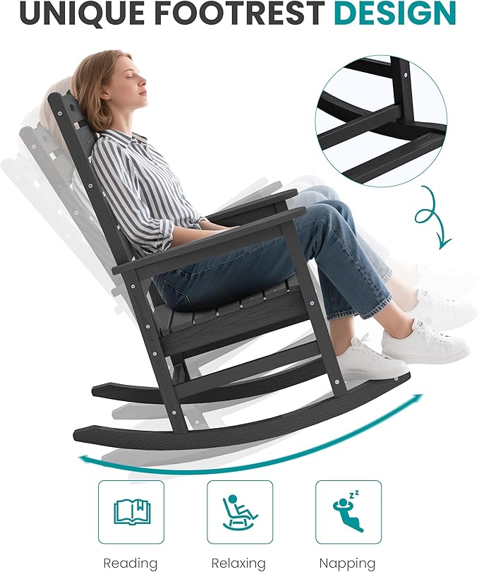 SERWALL Outdoor Rocking Chair Set of 2, Oversized Rocking Chair with Footboard for Adults, HDPE All Weather Resistant Rocking Chairs for Patio, 350lbs Weight Capacity, Black