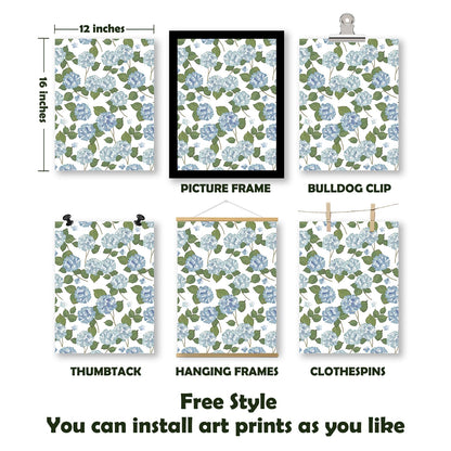 Pleonox Inspirational Coquette Blue Bow Hydrangea Floral Wall Art Prints 12x16 Inch Set of 4, Motivational Sage Green Striped Pictures Wall Decor for Girly Bedroom Room Dorm Apartment, Unframed
