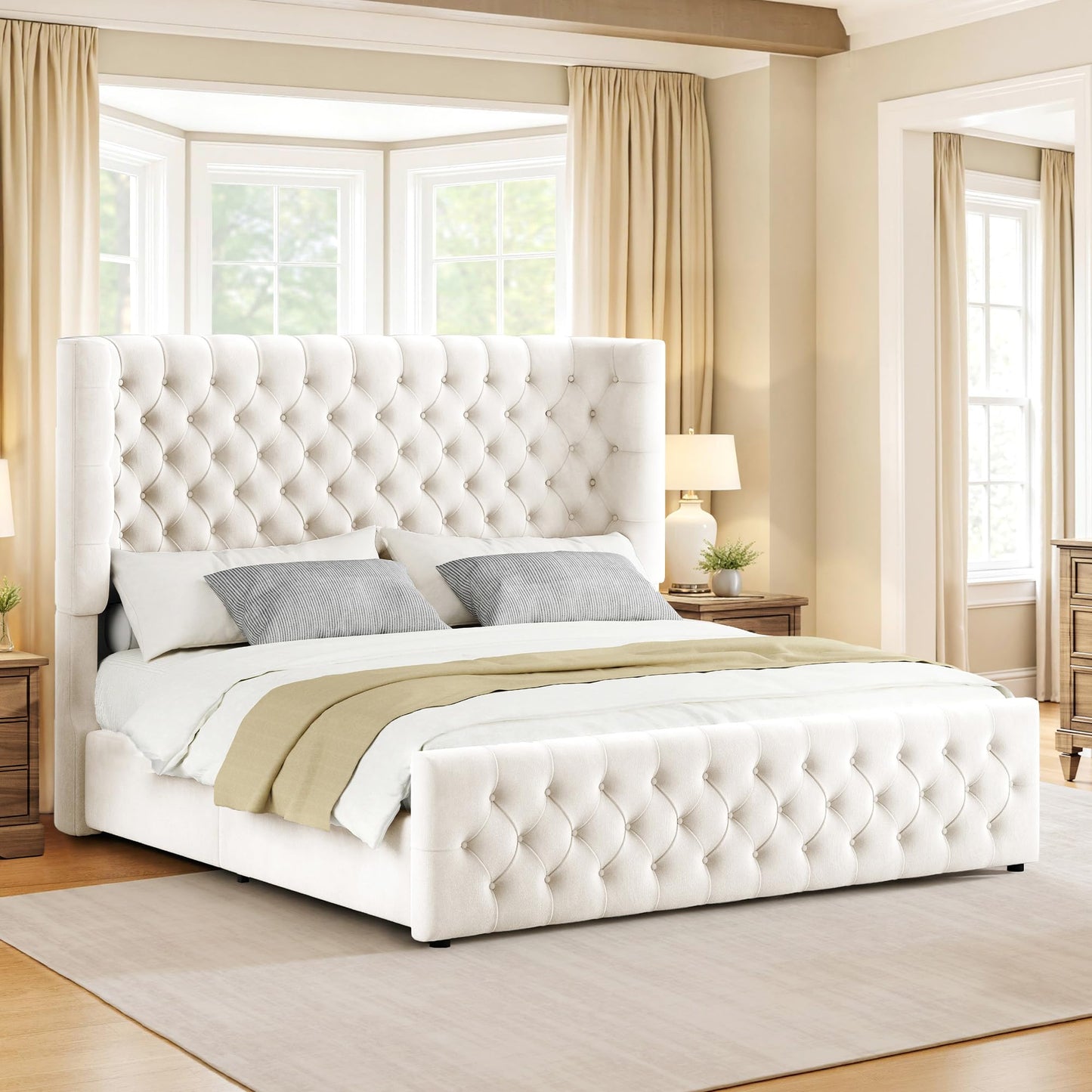 Jocisland Queen Size Upholstered Bed Frame with 6.3-Inch Curved Wingback Headboard, Tufted Footboard, Wood Slats, No Box Spring Needed, Beige Velvet