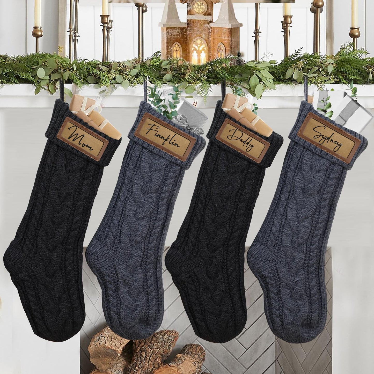 steo spce 4 Pack Personalized Christmas Stocking with Leather Patches Custom Name Family Christmas Stockings, 18.5” Large Knitted Xmas Stockings for Kids, Holiday and Fireplace Party Decoration