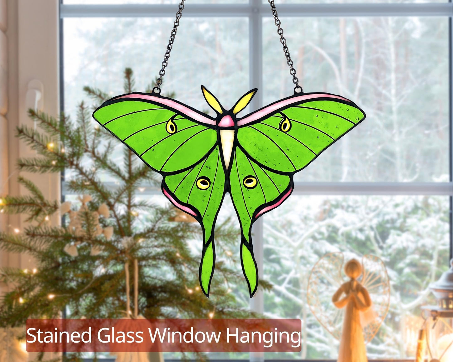 Cemovia Luna Moth Stained Glass Window Hanging - Handmade Real Glass Suncatcher - Elegant Green Moon Moth Butterfly Light Catcher Gifts for Mother, Women, Grandma (Gifts-Box provided)