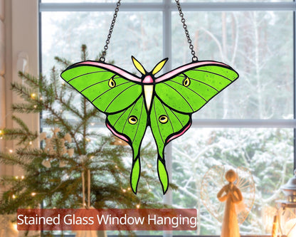 Cemovia Luna Moth Stained Glass Window Hanging - Handmade Real Glass Suncatcher - Elegant Green Moon Moth Butterfly Light Catcher Gifts for Mother, Women, Grandma (Gifts-Box provided)