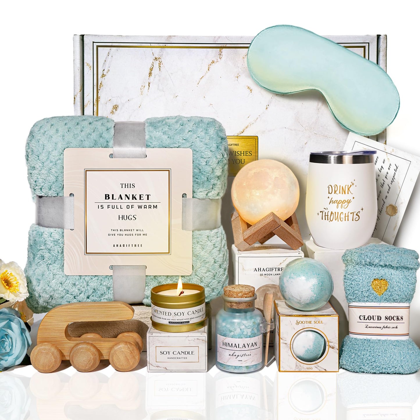 AHAGIFTREE Birthday Gifts for Women Self Care Gifts Get Well Soon Gifts Baskets with moon lamp for Women After Surgery,Mother's Day,11PC Spa,Thinking of You Gift, Care Package for Mom(turquoise)