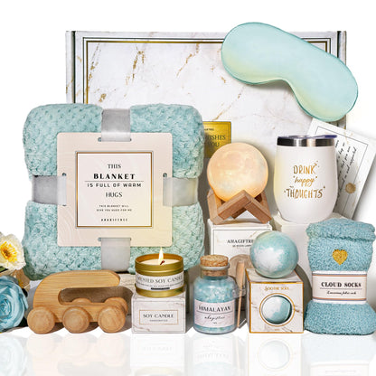 AHAGIFTREE Birthday Gifts for Women Self Care Gifts Get Well Soon Gifts Baskets with moon lamp for Women After Surgery,Mother's Day,11PC Spa,Thinking of You Gift, Care Package for Mom(turquoise)