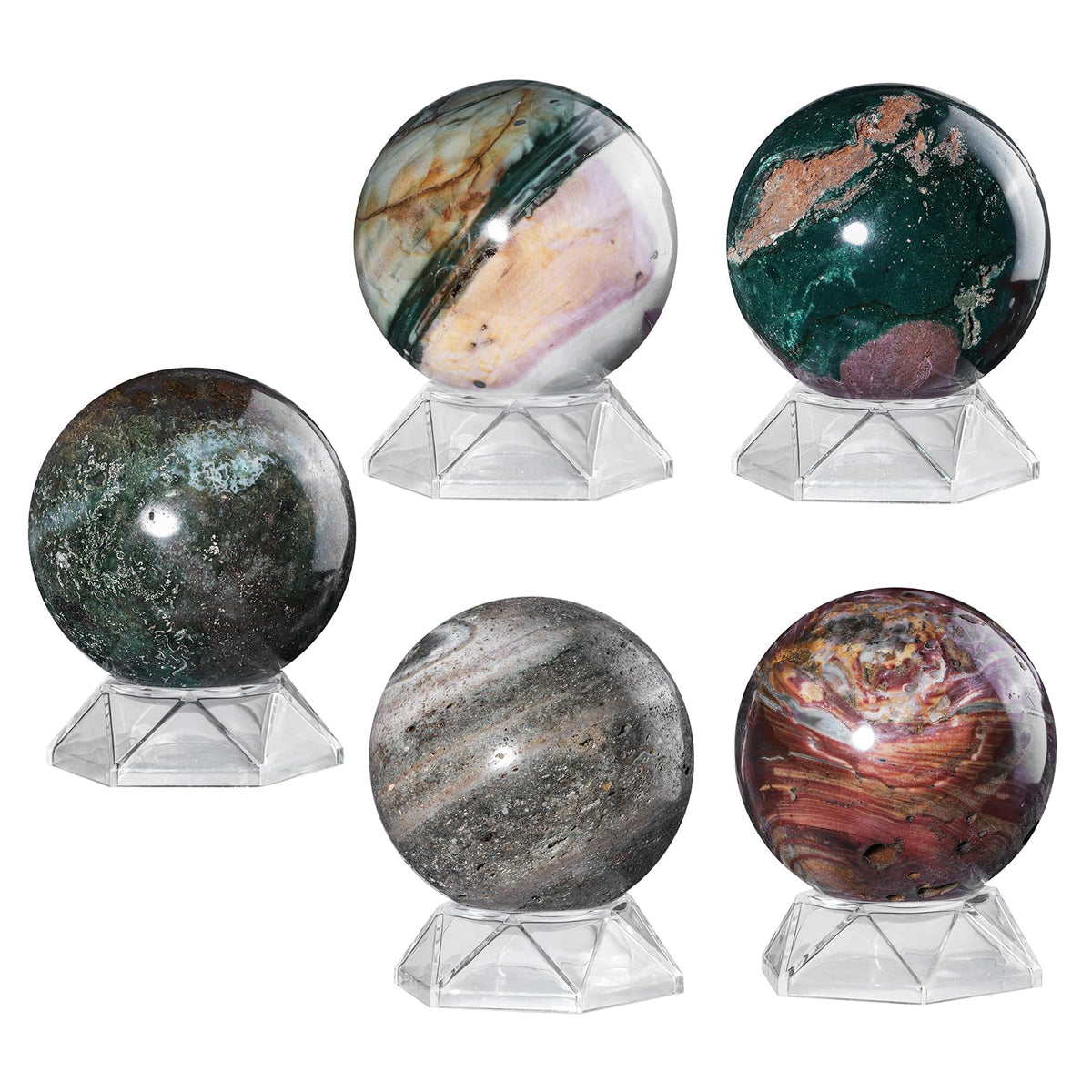 dssmboom Natural Ocean Jasper Crystal Ball with Acrylic Display Base, 71-80mm Polished Stone Feng Shui Crystal Sphere Meditation Decoration for Home & Office