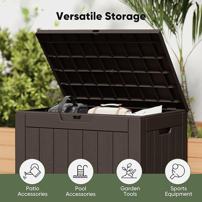 NEWBULIG 31 Gallon Outdoor Storage Box, Waterproof Deck Box with Lockable Lid, Patio Furniture Bench & Side Table, Easy Assembly, for Garden, Pool, Patio & Backyard Organization, Brown