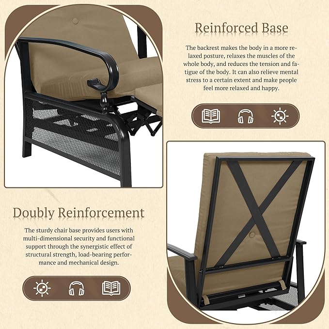 Oakcloud Adjustable Outdoor Lounge Chair Metal Patio Relaxing Recliner Chair with Removable Cushions(Brown)