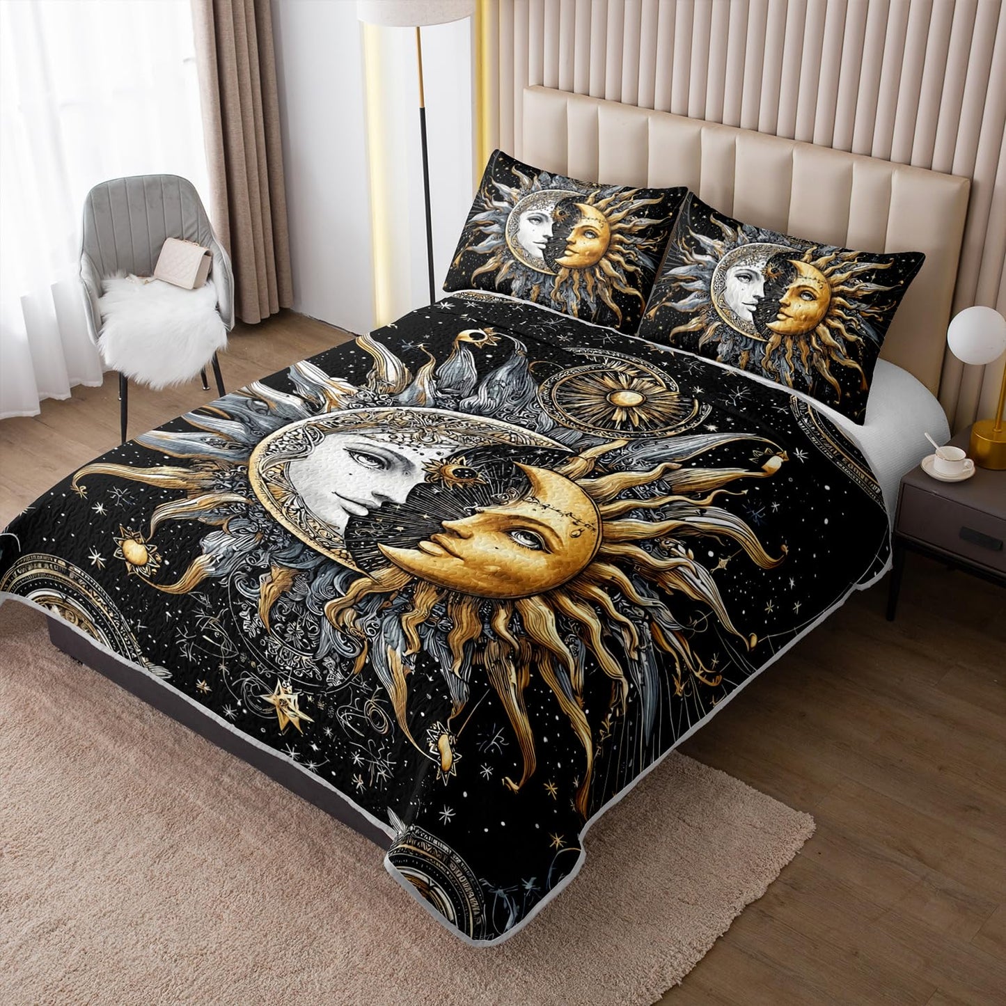 XYNHML Sun Moon Star Quilts Bedding Full 3Pcs Mystic Celestial Galaxy Starry Quilt Bed Set Occult Crescent Lightweight Soft Bedspread Coverlet with 2 Pillowcases for Kid Boy Girl Teen Adult Bed Decor