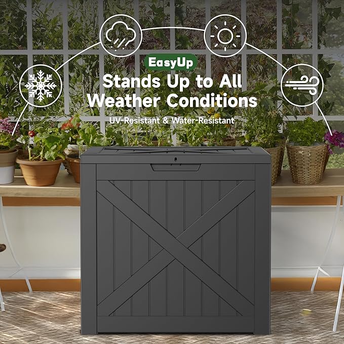 EasyUp 32 Gallon Outdoor Storage Box, Resin Waterproof UV-Resistant Deck Box, Reinforced Stability for Patio, Garden, and Poolside, X-Design Black