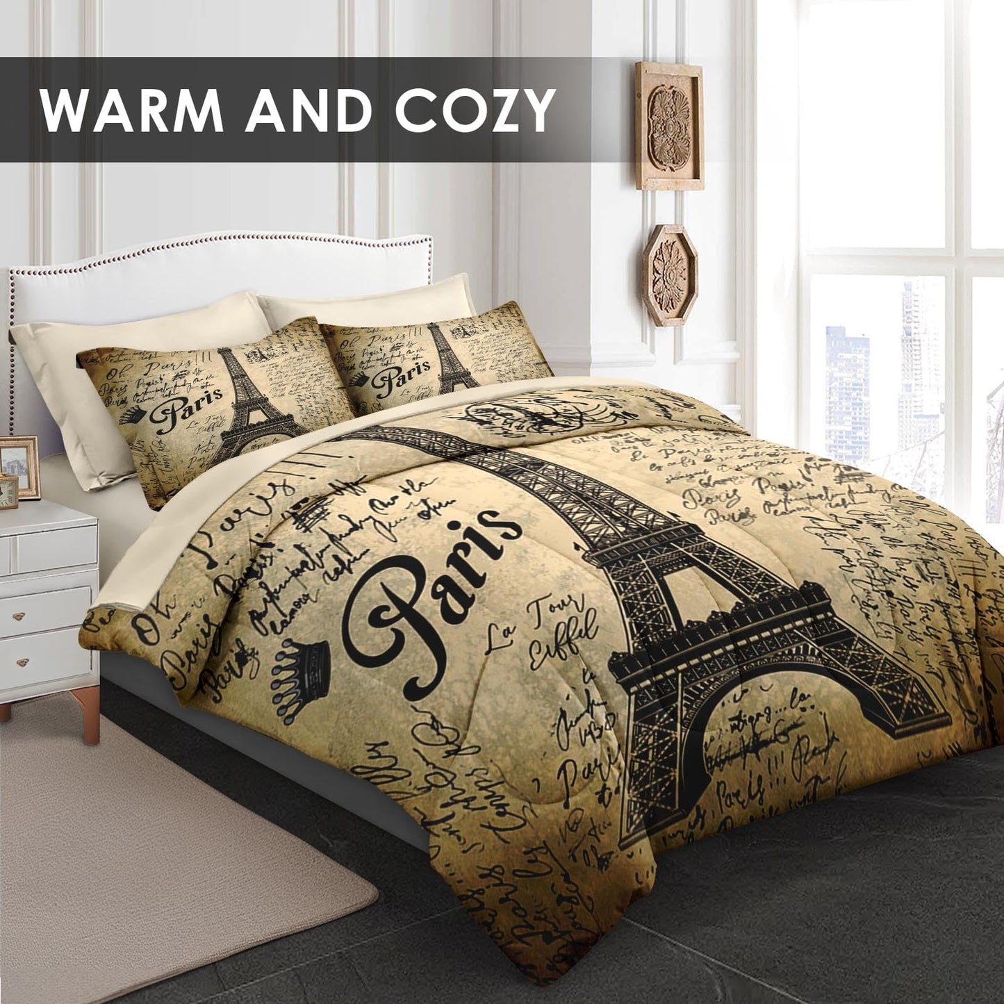 Pamnest Comforter Set Queen Size, Paris Eiffel Tower 7 Pcs Bedding for Kids and Adults, Love Retro Brown Bed Sheet Sets with Fitted Sheet 2 Pillowcases & 2 Shams for Bedroom Bed Decor