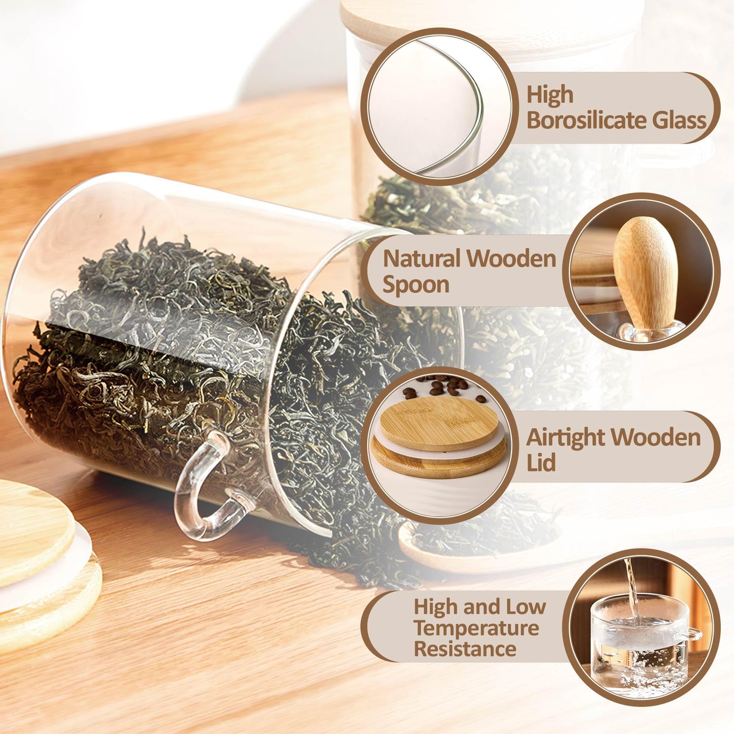 MOLADRI 2 Pack Glass Storage Canister with with Airtight Lid, 15 oz/450 ml Small Clear Decorative Container Jar with Wooden Spoon for Coffee Spice Candy Salt Cookie Sugar Matcha Tea Overnight Oats