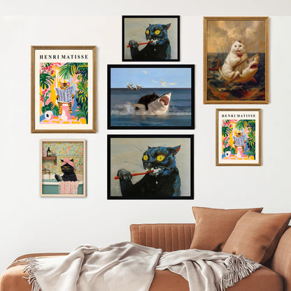 ICHZUMW Funny Black Cat Bathroom Wall Art Decor, Quirky Framed Canvas Print Painting of Cat Brushing Teeth, Humorous Animal Pictures Wall Decoration, Modern Home Artwork, Restroom Powder Room, 8x10in