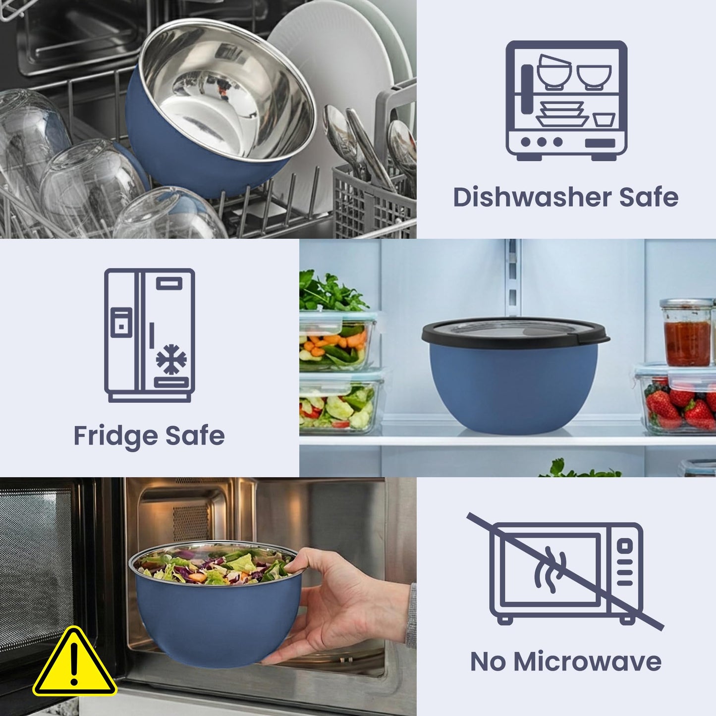 Rorence Salad Bowl, 96oz Large 18/8 Stainless Steel Salad Bowl with Airtight Lid & Non-Slip Base, Kitchen Mixing Bowl for Meal Prep, Family Dinner, Party & Picnic, Blue
