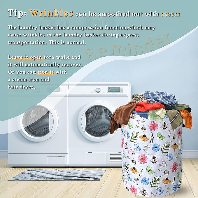 Cute Bee Floral Flowers Laundry Basket Foldable