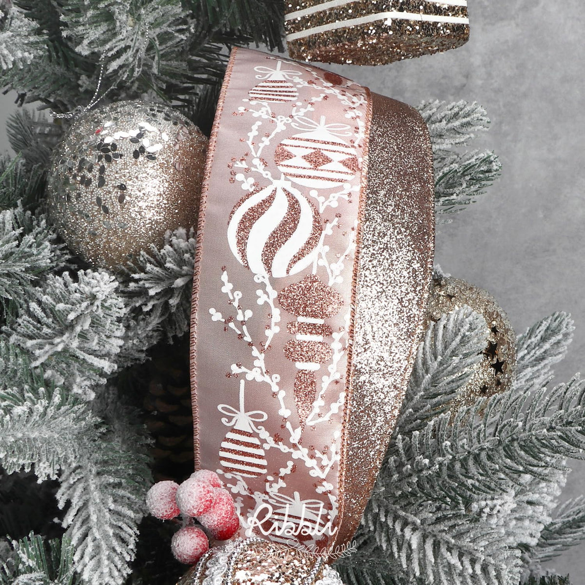 Ribbli Christmas Ribbon Wired Rose Gold Christmas Tree Ribbon Snowflake Glitter Wired Ribbons for Crafts Gift Wrapping Wreaths Garland Home Decor -2.5 Inchx6 Rolls Total 36Yard
