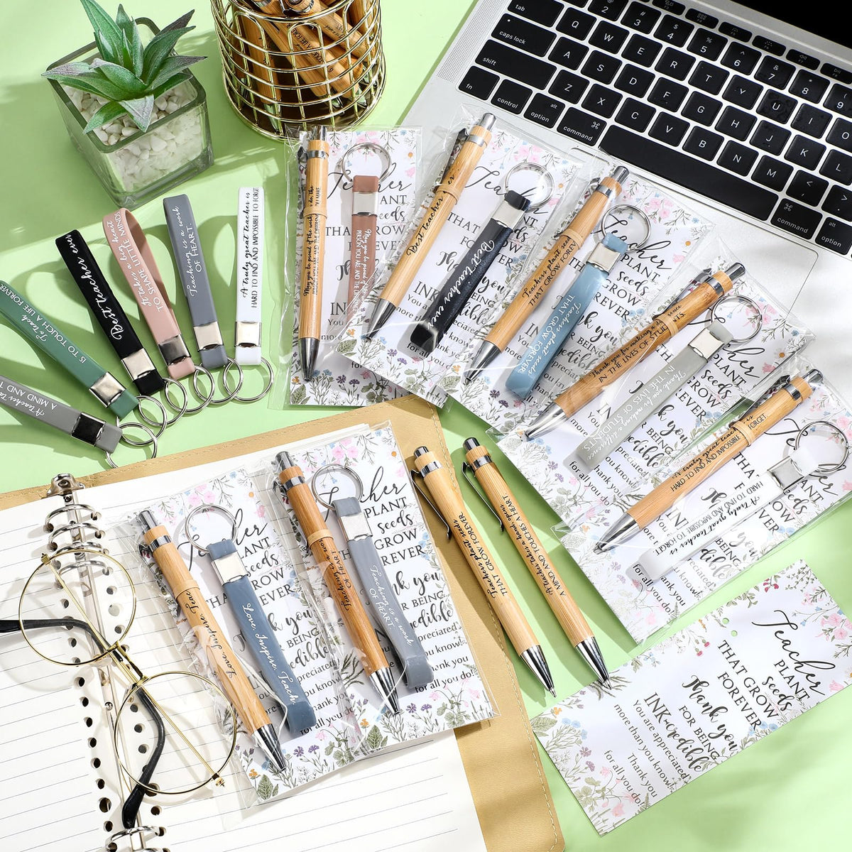 Geyoga 30 Sets Teacher Appreciation Gifts Bulk Inspirational Bamboo Pens Motivational Silicone Keychains with Thank You Cards for Employee Staff Team Teacher Appreciation Week Gifts