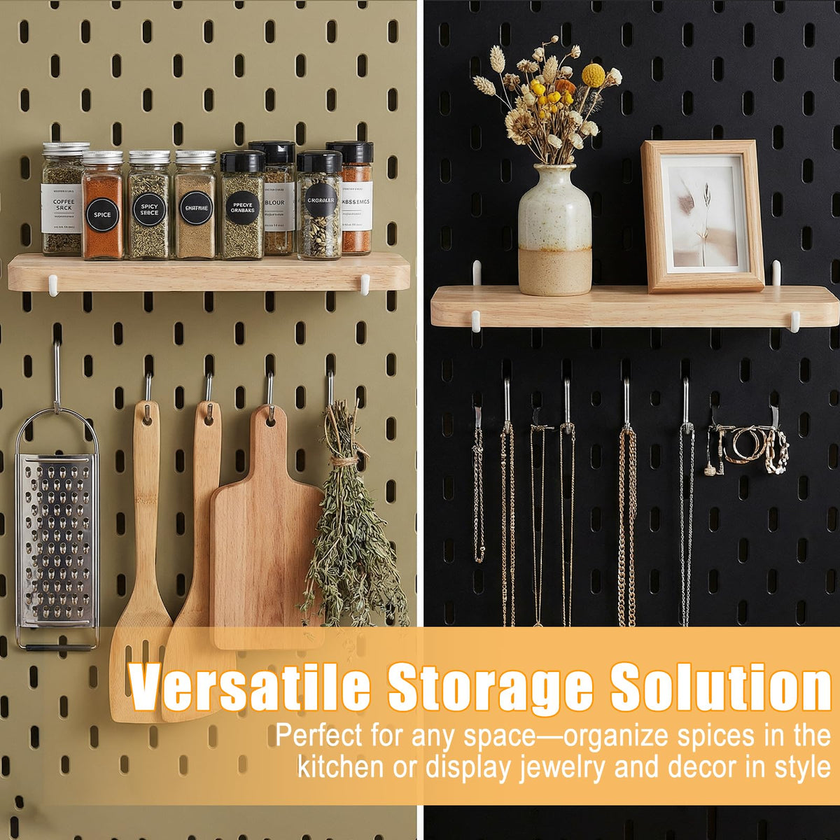 Afcabakila 2pcs Pegboard Shelf Solid Wood Wall Shelf with Hooks L11.8 *W3.9 inch pegboard Accessories pegboards Shelves Wooden peg Board Shelving for Home & Office,Crafts Room, Garage, Workbench