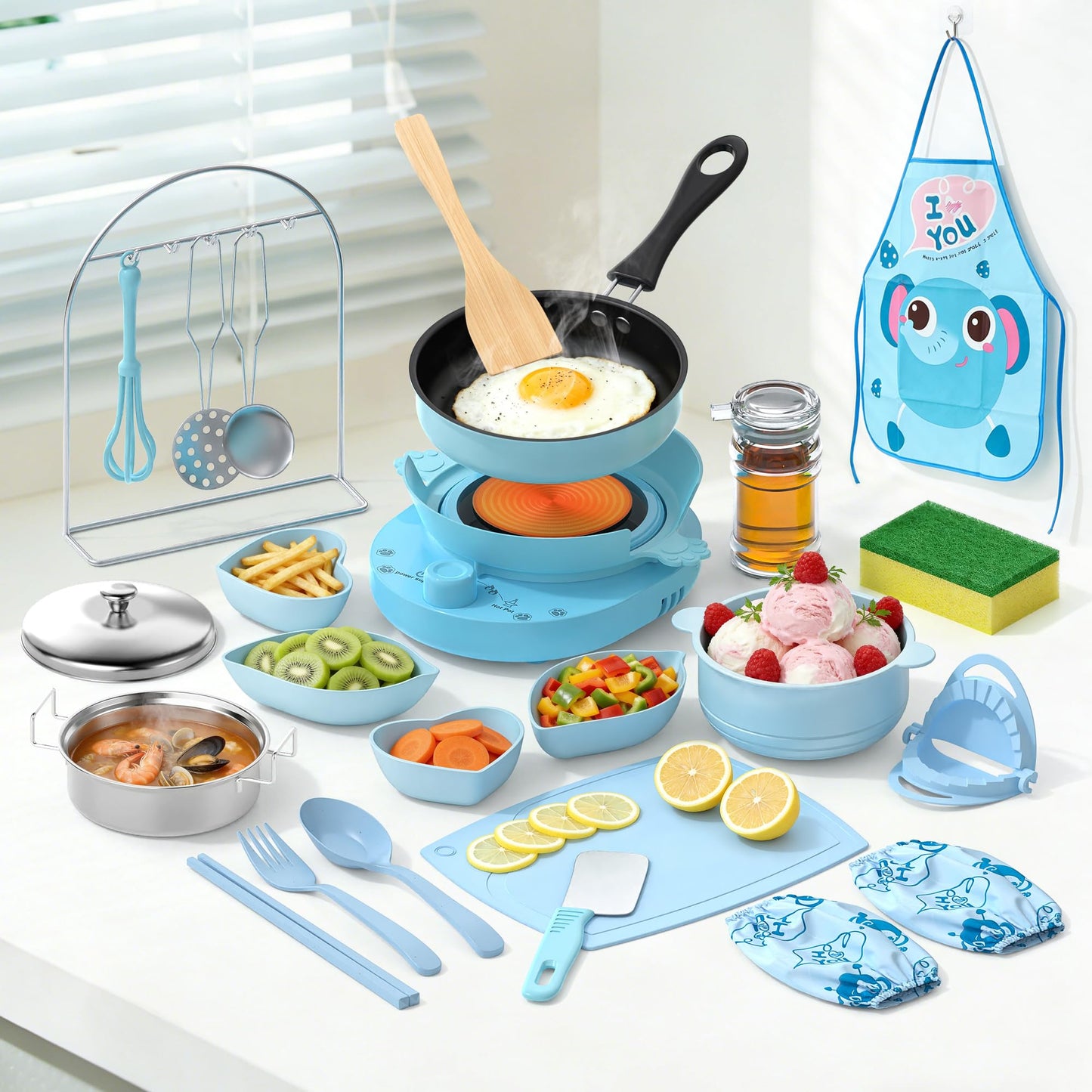 Gotoofun Kids Cooking Set Real for Beginners, 28PCS Mini Kitchen Starter Set with Anti-Slip Safety Guard, Easy Cooking Toys for Boys Girls Ages 8-12, Blue