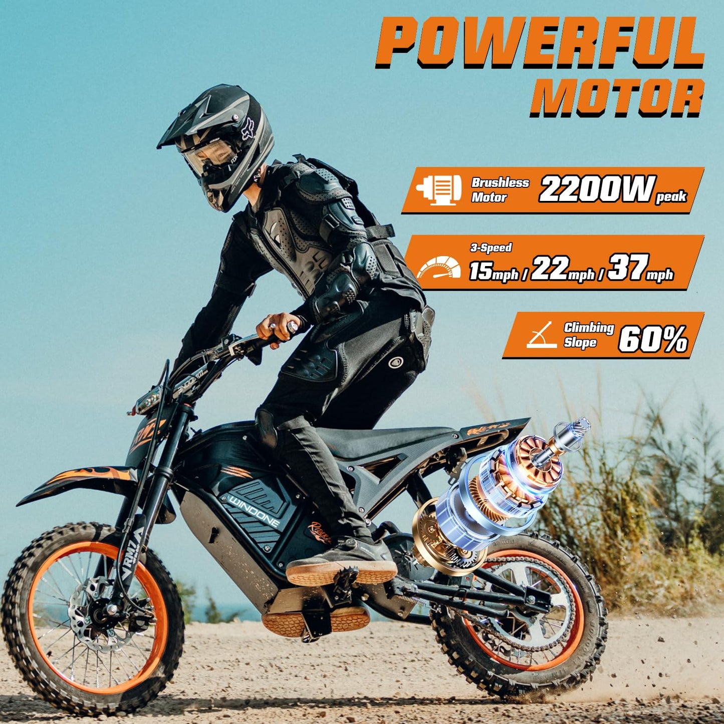 Windone RM7 Electric Dirt Bike for Teens Adults, 48V 22.5Ah Up to 37MPH & 45-Mile Electric Motorcycle, 2200W Ebike, 14"/12" Off-Road Tire E-Bike, Dual Hydraulic Brakes, Full Suspension, White
