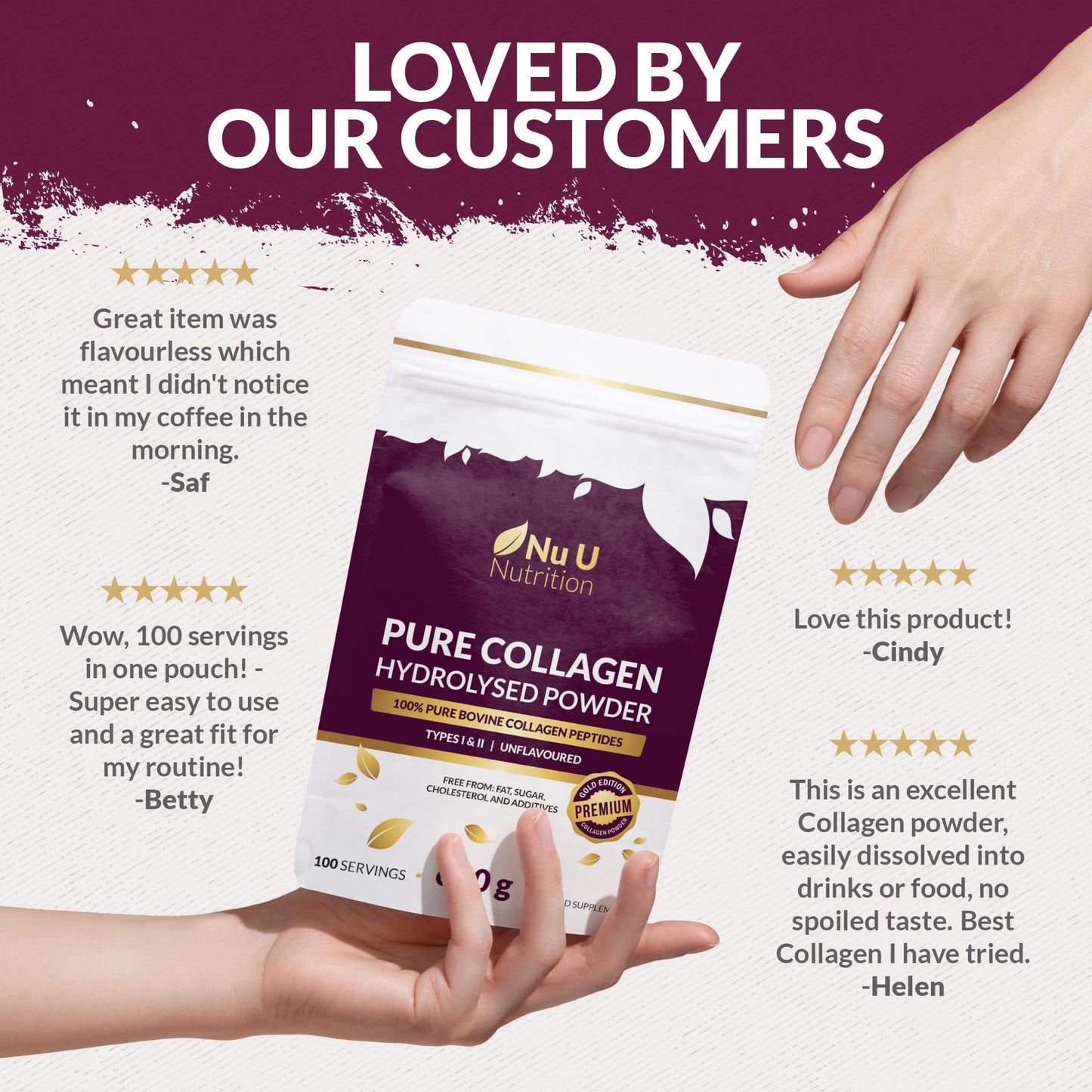 Collagen Powder 600g Large Pouch - 100 Servings - Premium Type I & II Bovine Collagen Peptides Hydrolysate Supplement Gold Edition - 3+ Month Supply - Unflavoured - Nu U Nutrition