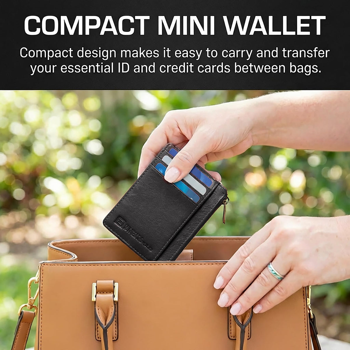 ID Stronghold RFID Front Pocket Wallet Mini Minimalist Wallet Slim Wallet Genuine Leather with Zipper, Small Black