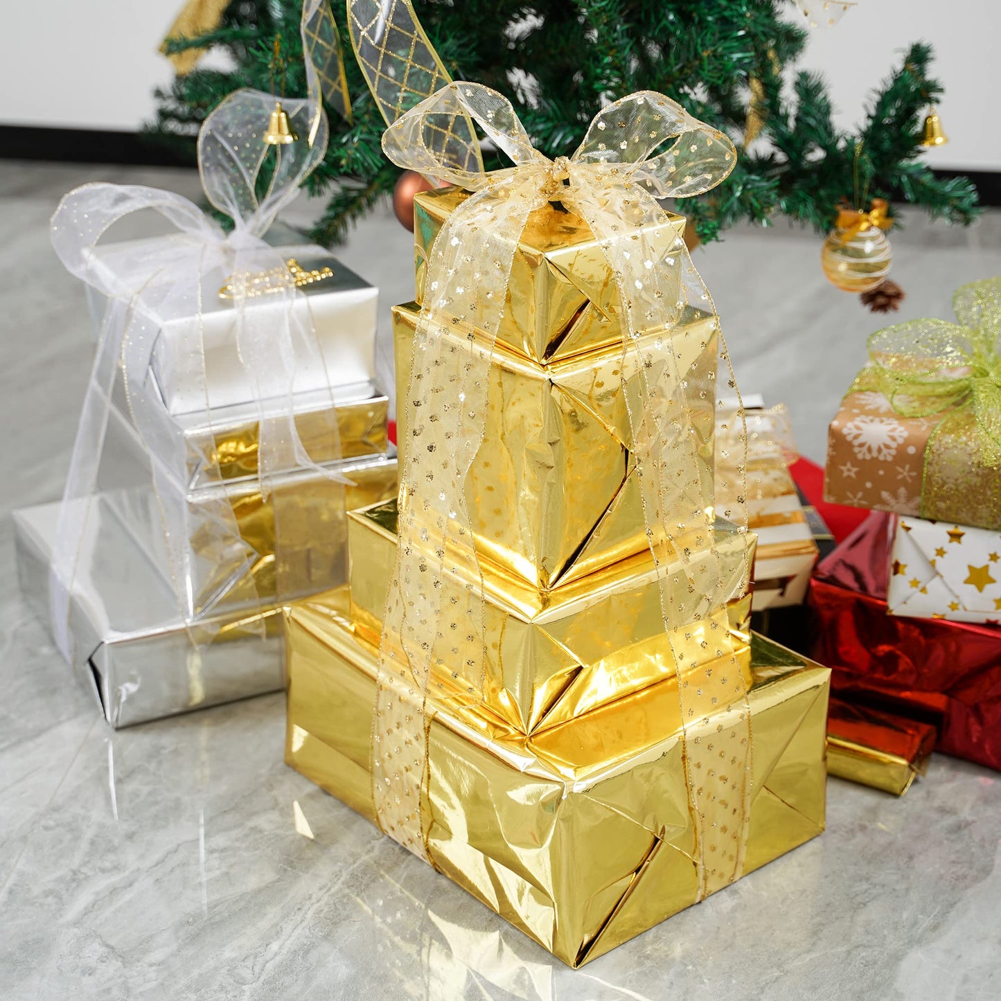 MEEDEE Gold and White Ribbon for Christmas Trees - 2.5 Inch, 6 Rolls, 36 Yards - Gold Wire Mesh Ribbon for Wreaths and Tree Decoration