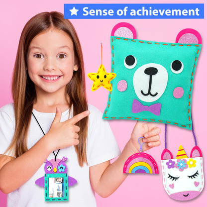 KRAFUN My First Sewing Kit for Kids Ages 5-9, Beginner Art & Craft with 6 Easy Doll, Pillow, Bag, Ornament Projects, Plush Felt, Safe Plastic Needle, Instructions Learn Sewing, Embroidery