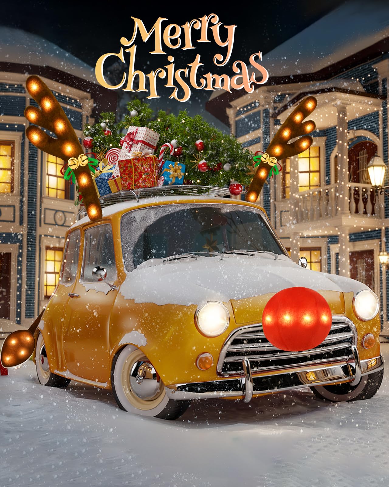 Christmas Reindeer Antlers Car Decoration Kit with LED Warm White Lights, Vehicle Christmas Car Kit with Jingle Bells Rudolph Reindeer and Nose, Tail for The Trunk