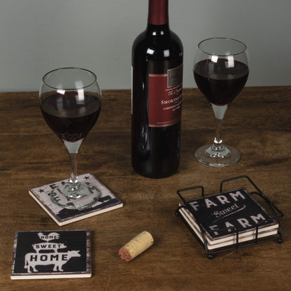 Primitives by Kathy Set of 4 Absorbent Stone Coasters, Rustic Farmhouse Coaster Designs, Farm Sweet Farm, Includes Wire Holder, Slatted Wood Style with Distressed Details, 4 by 4 Inches Each