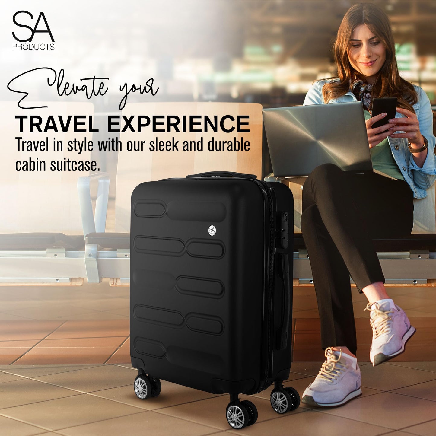 SA Products Cabin Suitcase | 34L Carry On Suitcase, Cabin Bag 55x40x20 with Combination Lock | Hard Shell Suitcase with 4 Wheels Cabin Luggage, Cabin Bags 55 x 40 x 20 Approved (Black)
