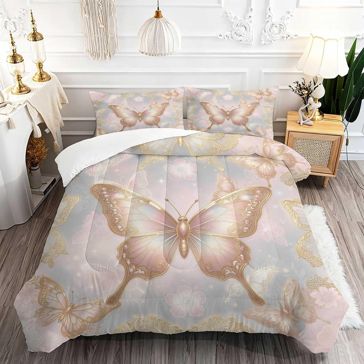 DJNEAR Pink Gold Butterfly Comforter Set, Elegant Shimmer Butterfly Bedding Set for Girls Teens Women, Soft Microfiber All Season with 1 Comforter 1 Pillowcase, Twin Size