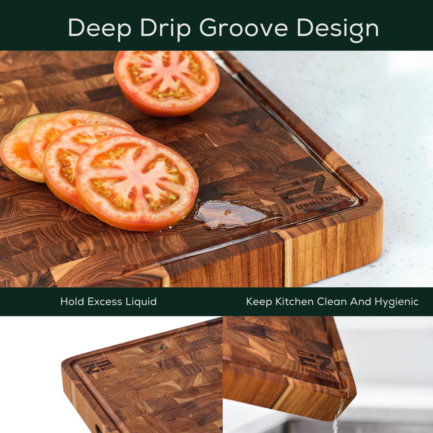 EZ FURNITURE Large (L) Acacia End Grain Cutting Board, Reversible, Knife-Friendly Charcuterie Butcher Block with Juice Groove & Handles, Non-Toxic, Gift Box Included (20" x 15" x 1.5")